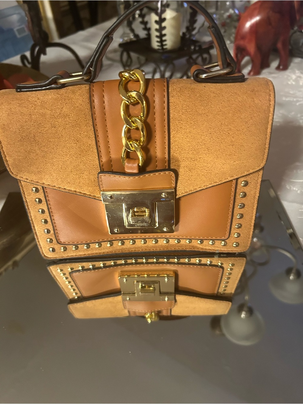 Women’s Tan Suede & Leather Top-Handle Bag with Gold Chain Detail